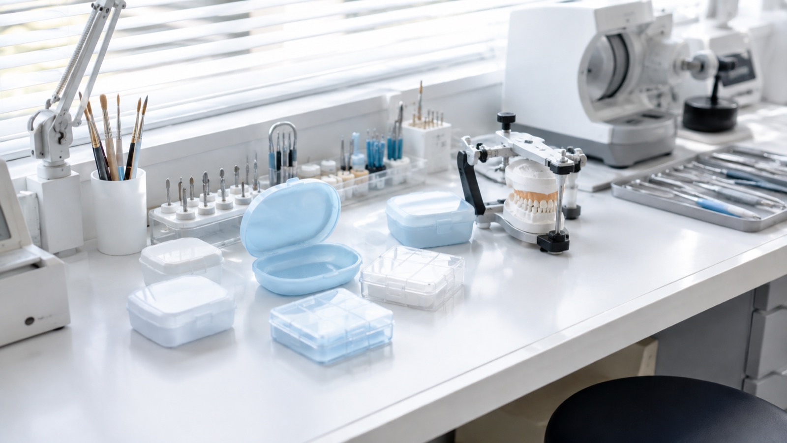 歯科技工所の作業台とケース