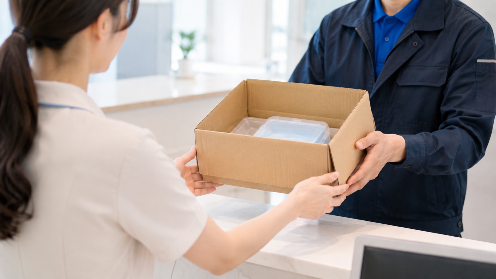 歯科医院へ納品する場面